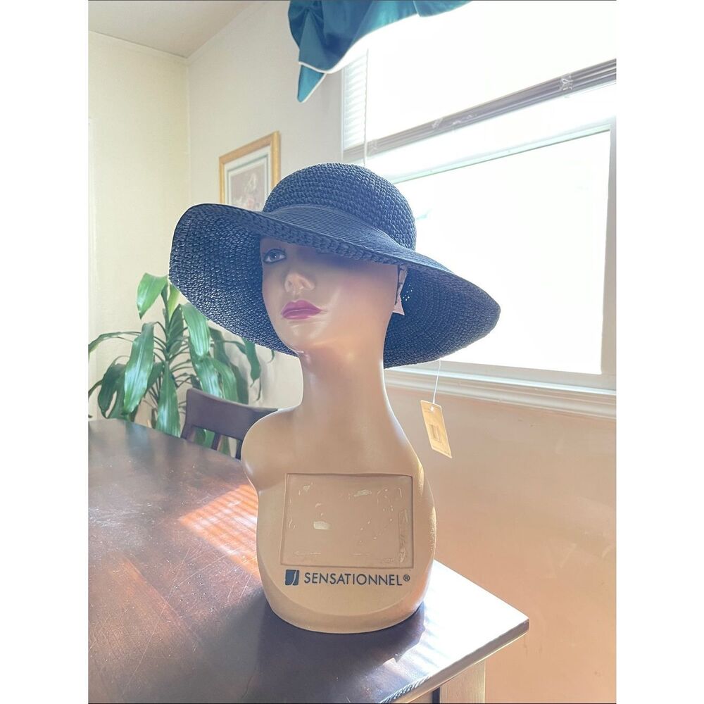 Vintage Liz Claiborne Black Wide-Brim Straw Sun Hat NWT